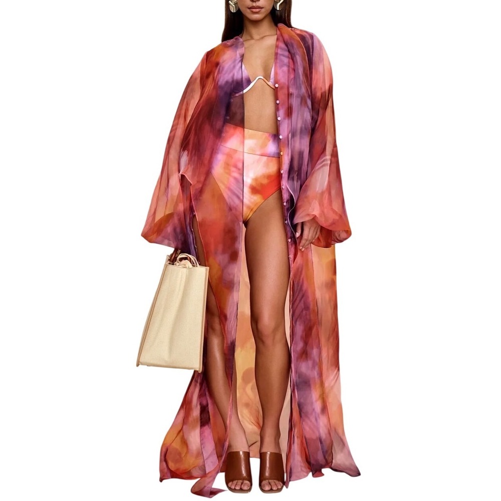 Andrea Iyamah Multicolor Orange Purple Sheer Swim Coverup